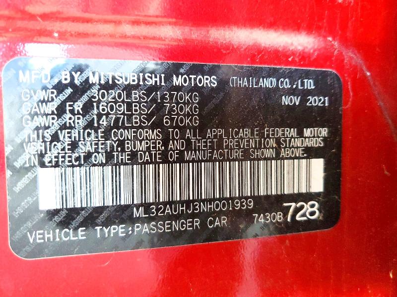 45886976 :رقم المزاد ، ML32AUHJ3NH001939 vin ، 2022 Mitsubishi Mirage مزاد بيع