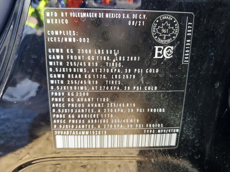 Aukcja sprzedaży 2021 Volkswagen Tiguan, vin: 3VV4B7AX4MM152819, numer aukcji: 45669276