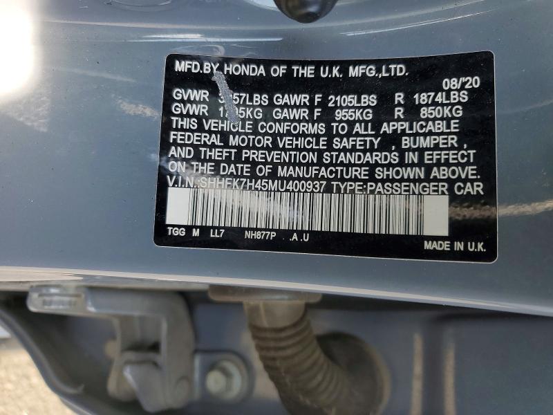 2021 Honda Civic მანქანა იყიდება აუქციონზე, vin: SHHFK7H45MU400937, აუქციონის ნომერი: 46183056