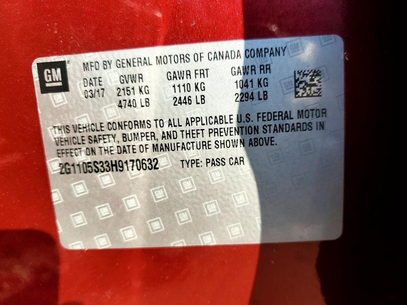 47434586 :رقم المزاد ، 2G1105S33H9170632 vin ، 2017 Chevrolet Impala مزاد بيع