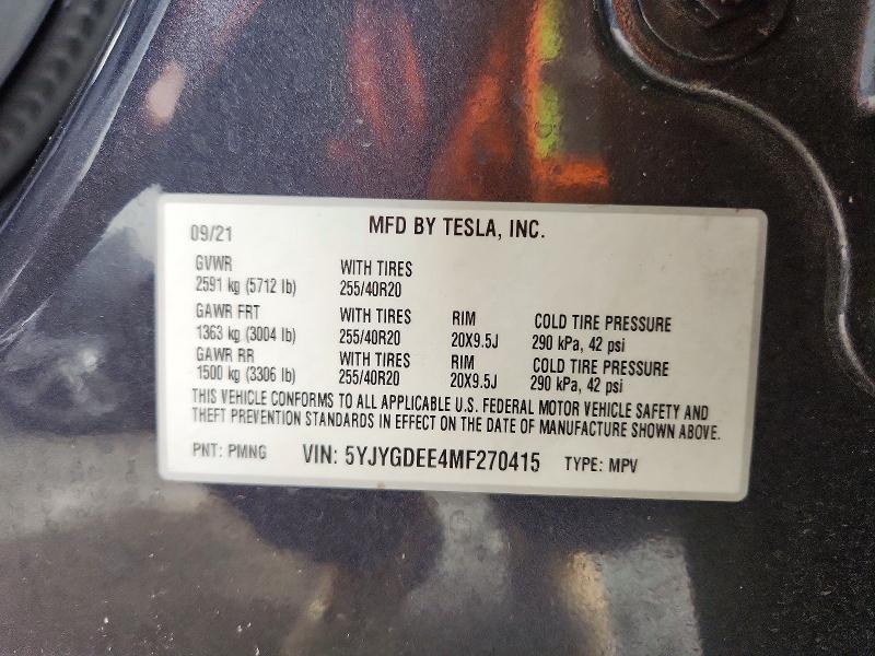2021 Tesla Model Y მანქანა იყიდება აუქციონზე, vin: 5YJYGDEE4MF270415, აუქციონის ნომერი: 48156756
