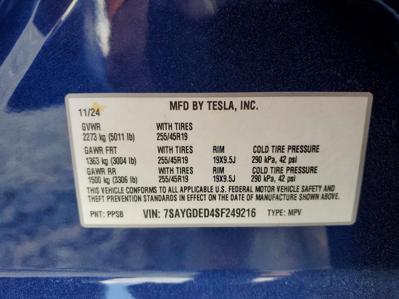 47256386 :رقم المزاد ، 7SAYGDED4SF249216 vin ، 2025 Tesla Model Y مزاد بيع