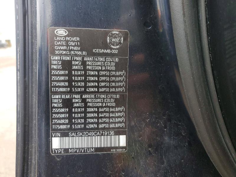77506095 :رقم المزاد ، SALSK2D49CA719136 vin ، 2012 Land Rover Range Rover Sport مزاد بيع