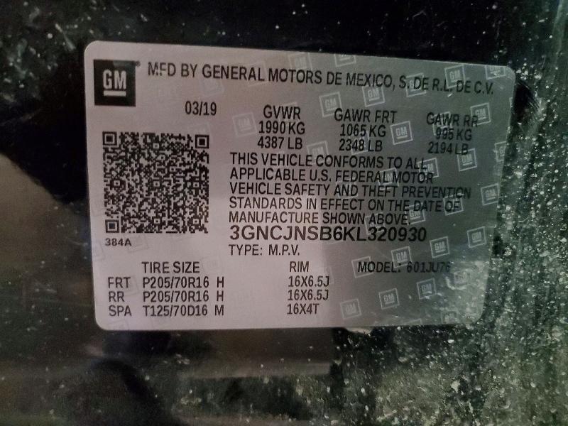 Aukcja sprzedaży 2019 Chevrolet Trax, vin: 3GNCJNSB6KL320930, numer aukcji: 46753116