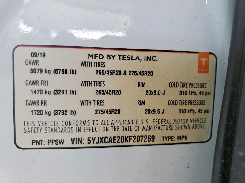 41616976 :رقم المزاد ، 5YJXCAE20KF207269 vin ، 2019 Tesla Model X مزاد بيع