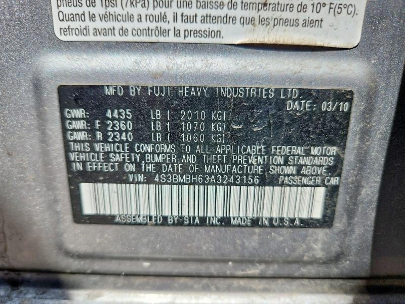 2010 Subaru Legacy მანქანა იყიდება აუქციონზე, vin: 4S3BMBH63A3243156, აუქციონის ნომერი: 46967516