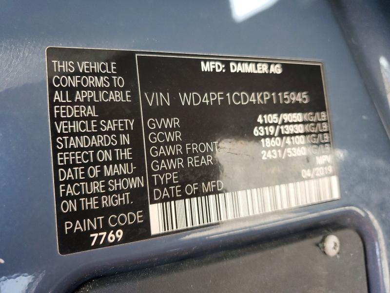 46536106 :رقم المزاد ، WD4PF1CD4KP115945 vin ، 2019 Mercedes Benz Sprinter مزاد بيع