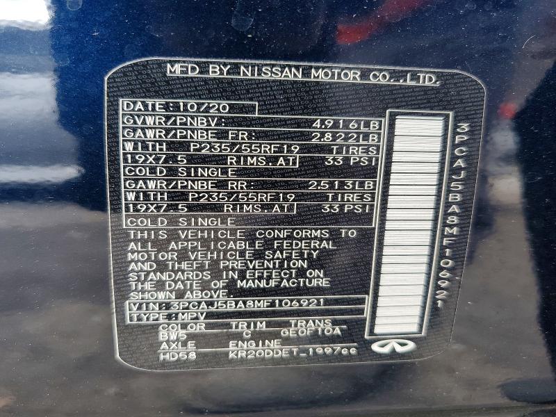 45779426 :رقم المزاد ، 3PCAJ5BA8MF106921 vin ، 2021 Infiniti Qx50 مزاد بيع