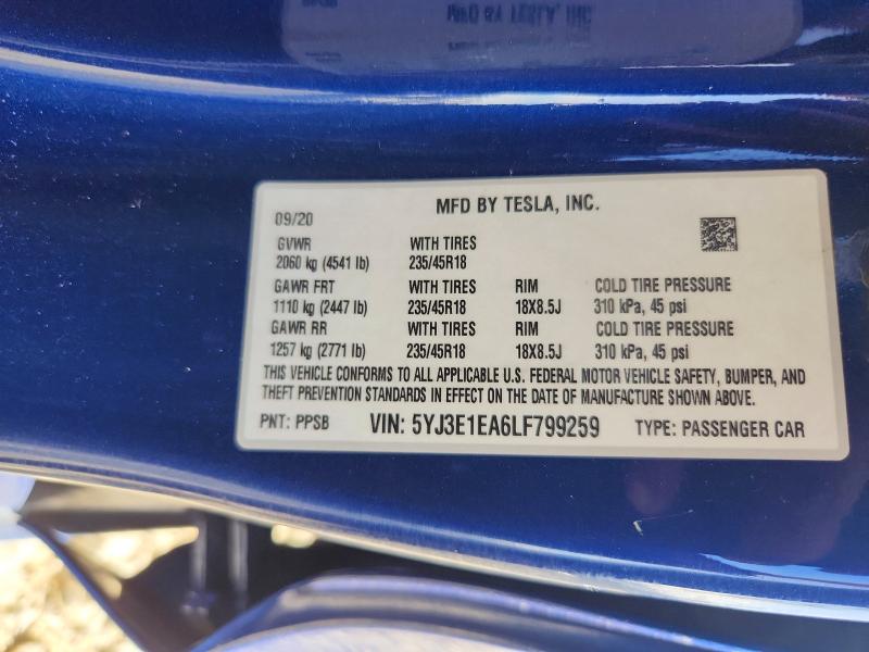 Продажа на аукционе авто 2020 Tesla Model 3, vin: 5YJ3E1EA6LF799259, номер лота: 41777436