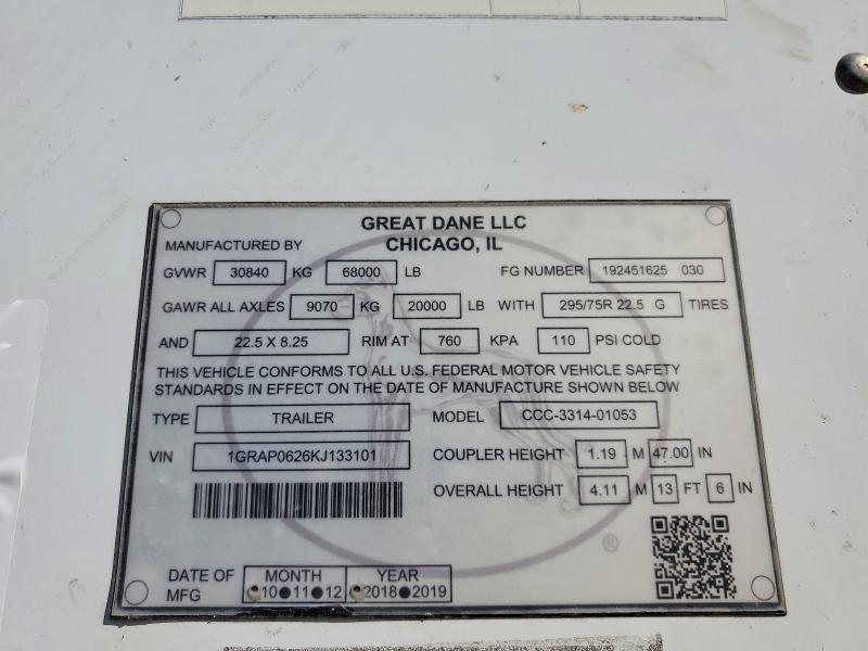 2018 Great Dane Trailers Unknown მანქანა იყიდება აუქციონზე, vin: 1GRAP0626KJ133101, აუქციონის ნომერი: 79614755