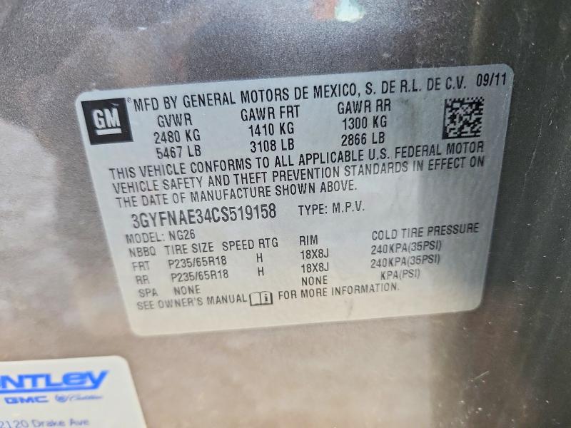 45849096 :رقم المزاد ، 3GYFNAE34CS519158 vin ، 2012 Cadillac Srx مزاد بيع