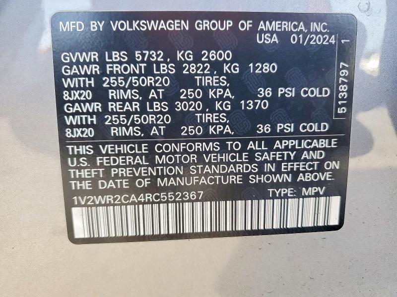 47956386 :رقم المزاد ، 1V2WR2CA4RC552367 vin ، 2024 Volkswagen Atlas مزاد بيع