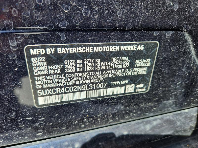 46317546 :رقم المزاد ، 5UXCR4C02N9L31007 vin ، 2022 Bmw X5 مزاد بيع