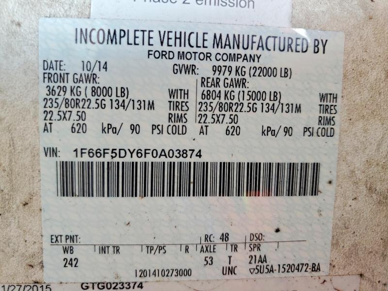 78783675 :رقم المزاد ، 1F66F5DY6F0A03874 vin ، 2015 Ford Motorhome Chassis مزاد بيع