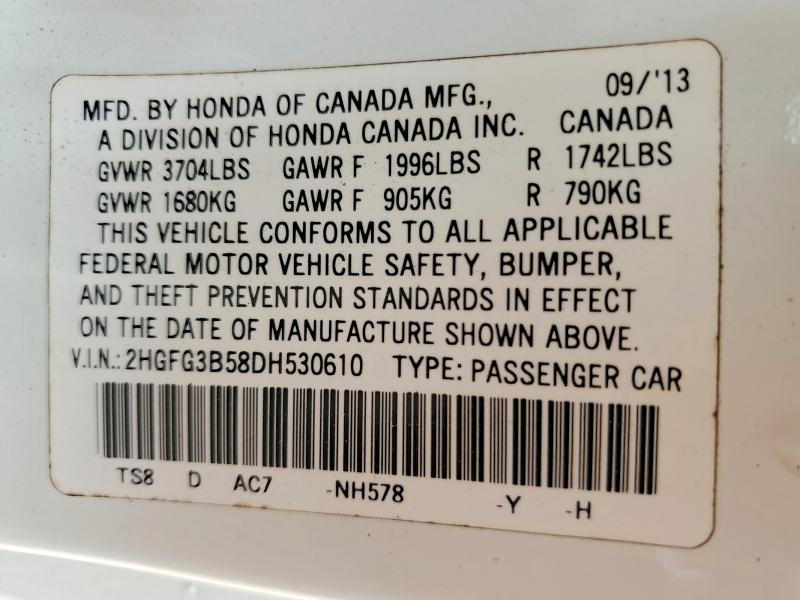 Auction sale of the 2013 Honda Civic, vin: 2HGFG3B58DH530610, lot number: 79644065