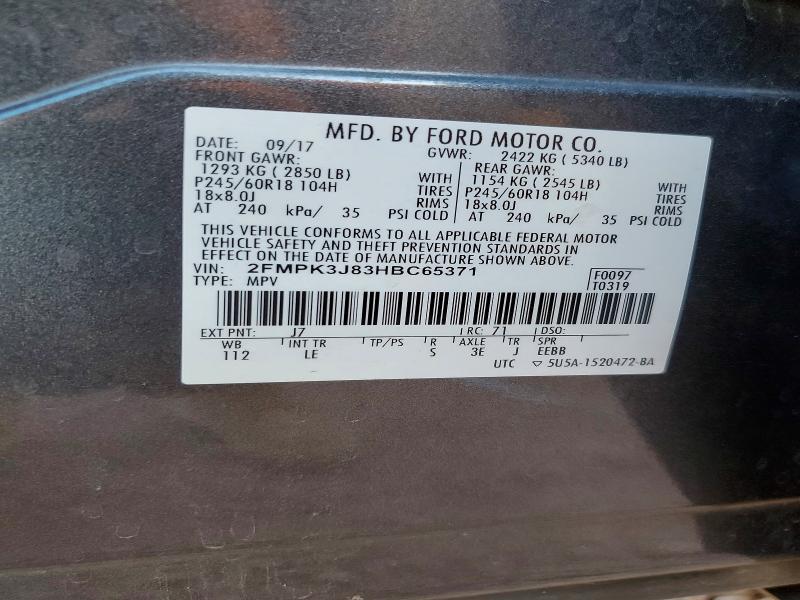 47872776 :رقم المزاد ، 2FMPK3J83HBC65371 vin ، 2017 Ford Edge مزاد بيع