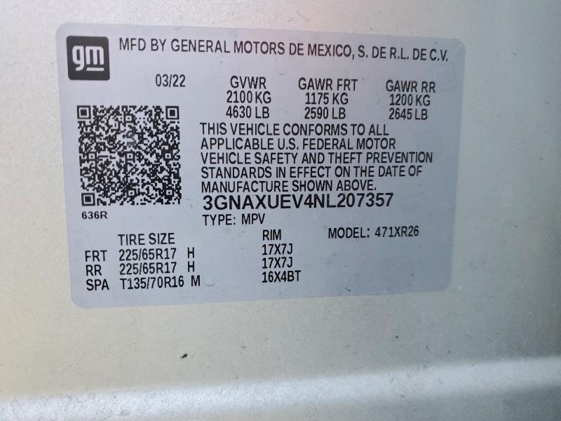 47267086 :رقم المزاد ، 3GNAXUEV4NL207357 vin ، 2022 Chevrolet Equinox مزاد بيع