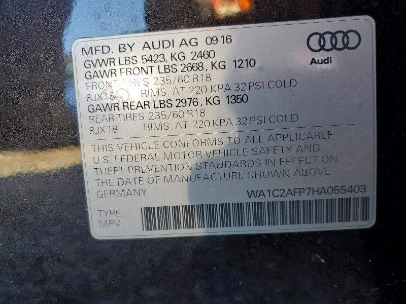 2017 Audi Q5 მანქანა იყიდება აუქციონზე, vin: WA1C2AFP7HA055403, აუქციონის ნომერი: 41603716