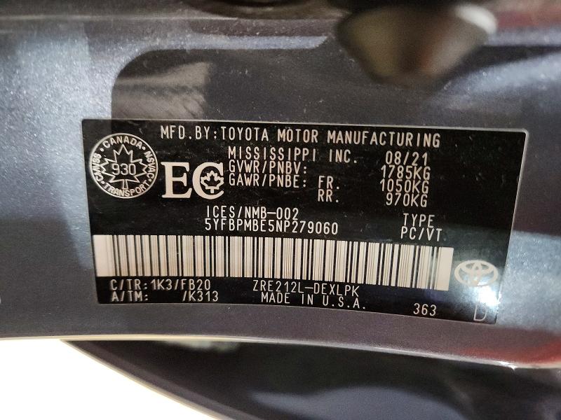 Aukcja sprzedaży 2022 Toyota Corolla, vin: 5YFBPMBE5NP279060, numer aukcji: 79405295