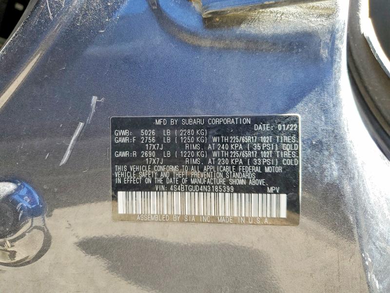 Продажа на аукционе авто 2022 Subaru Outback, vin: 4S4BTGUD4N3185399, номер лота: 47138076