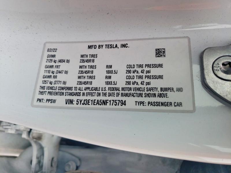 79269875 :رقم المزاد ، 5YJ3E1EA5NF175794 vin ، 2022 Tesla Model 3 مزاد بيع