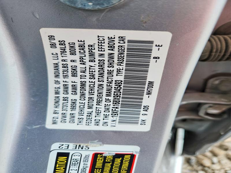 79999375 :رقم المزاد ، 19XFA168X9E045493 vin ، 2009 Honda Civic مزاد بيع