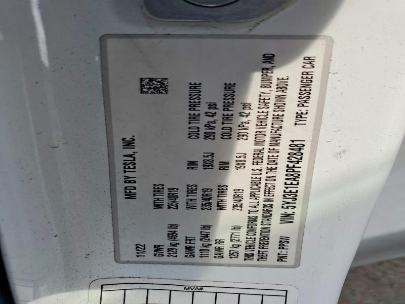 Aukcja sprzedaży 2023 Tesla Model 3, vin: 5YJ3E1EA8PF428481, numer aukcji: 41834036