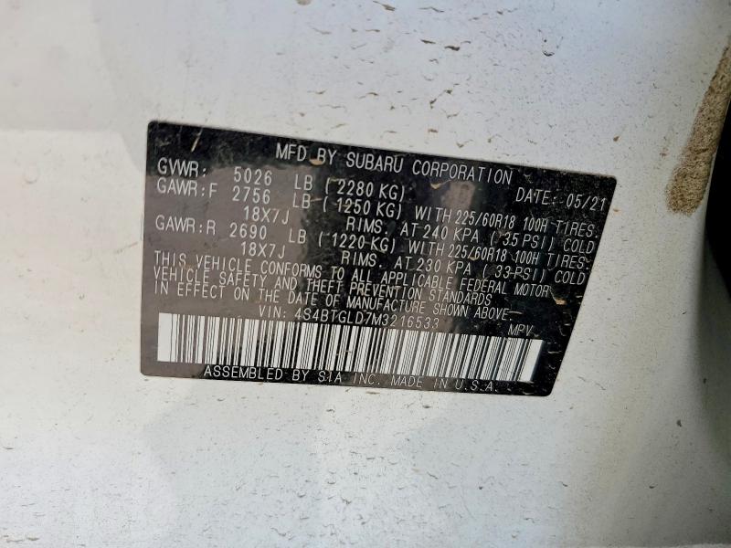 2021 Subaru Outback მანქანა იყიდება აუქციონზე, vin: 4S4BTGLD7M3216533, აუქციონის ნომერი: 46069746