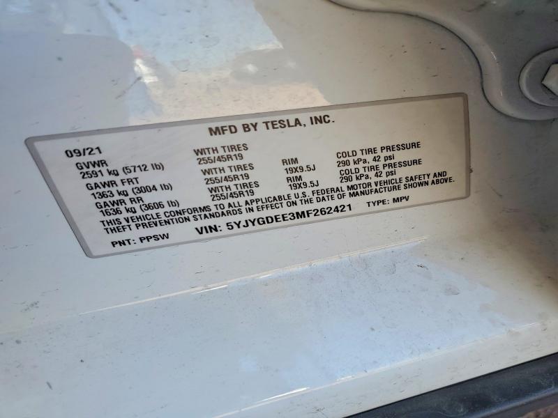 2021 Tesla Model Y მანქანა იყიდება აუქციონზე, vin: 5YJYGDEE3MF262421, აუქციონის ნომერი: 46629936