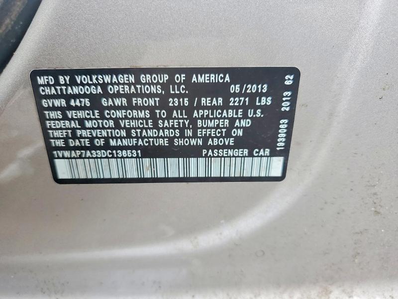 2013 Volkswagen Passat მანქანა იყიდება აუქციონზე, vin: 1VWAP7A33DC136531, აუქციონის ნომერი: 41586426