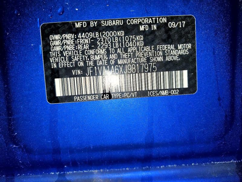 Продаж на аукціоні авто 2018 Subaru Wrx, vin: JF1VA1A6XJ9817975, номер лоту: 79068125