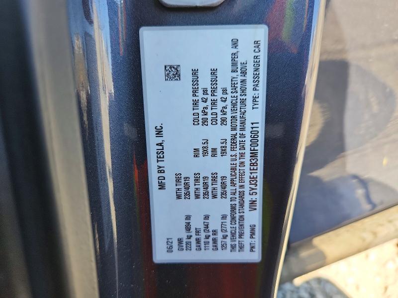 Aukcja sprzedaży 2021 Tesla Model 3, vin: 5YJ3E1EB3MF006011, numer aukcji: 47963546