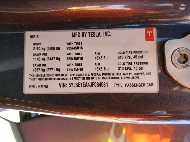 2018 Tesla Model 3 მანქანა იყიდება აუქციონზე, vin: 5YJ3E1EA4JF034581, აუქციონის ნომერი: 47942936