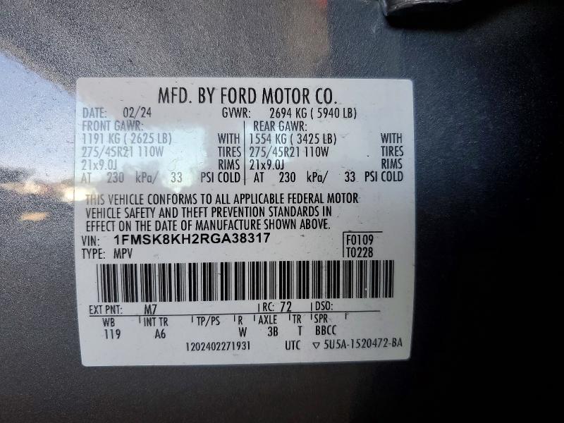 41950126 :رقم المزاد ، 1FMSK8KH2RGA38317 vin ، 2024 Ford Explorer مزاد بيع