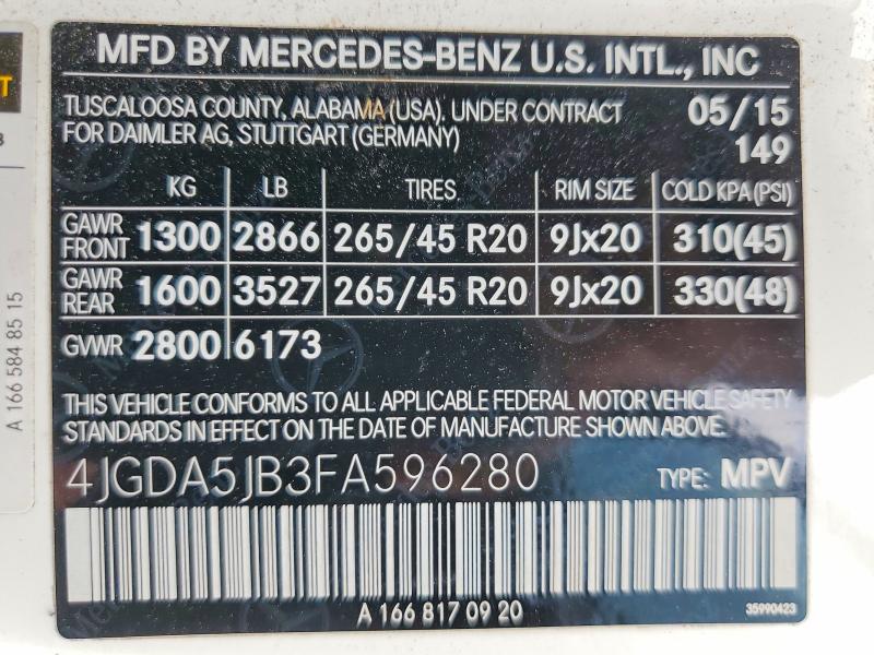 Продаж на аукціоні авто 2015 Mercedes-benz Ml, vin: 4JGDA5JB3FA596280, номер лоту: 77160845