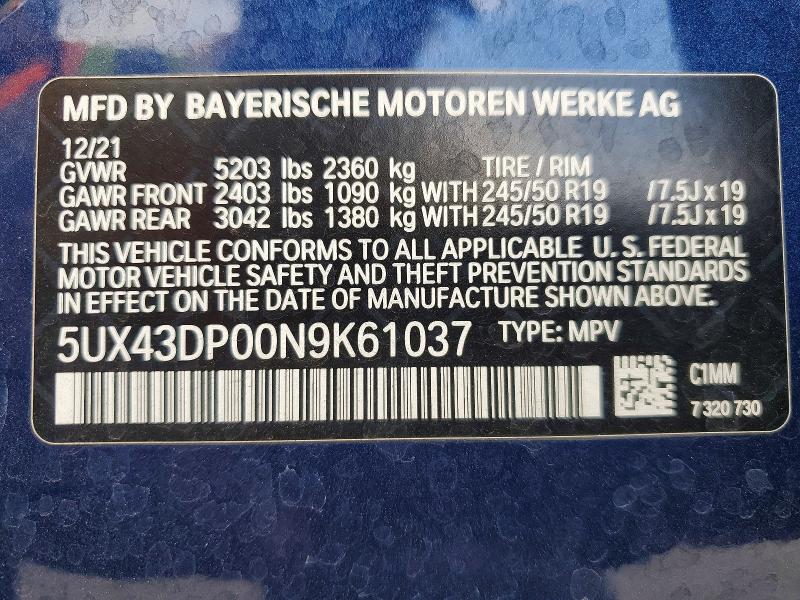 Aukcja sprzedaży 2022 Bmw X3, vin: 5UX43DP00N9K61037, numer aukcji: 47533776
