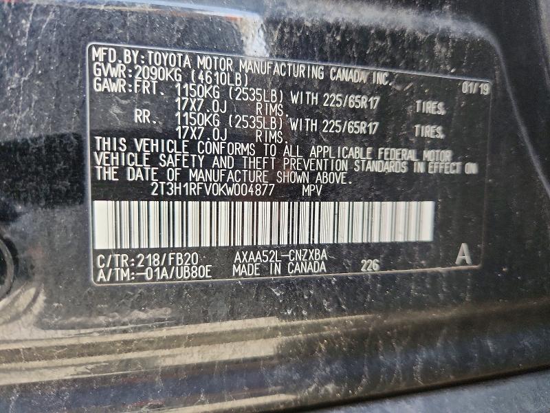 Продаж на аукціоні авто 2019 Toyota Rav4, vin: 2T3H1RFV0KW004877, номер лоту: 45673076