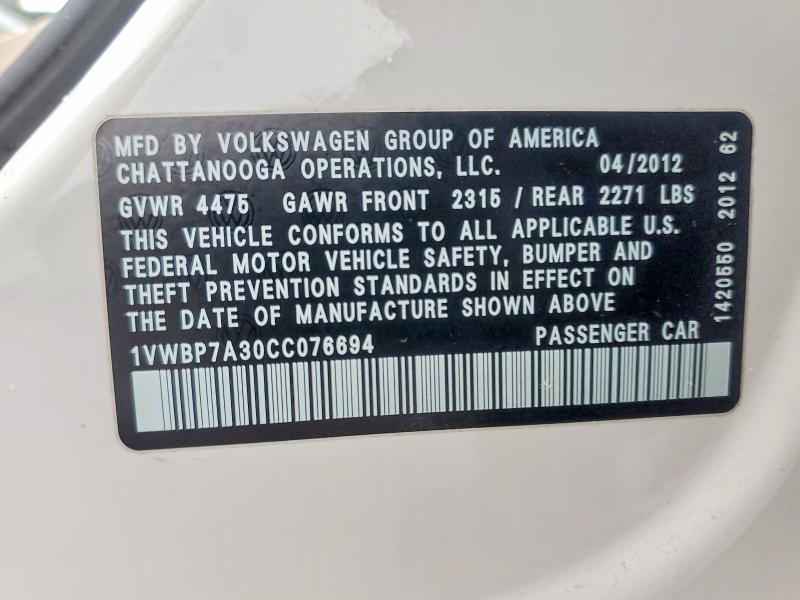 41723856 :رقم المزاد ، 1VWBP7A30CC076694 vin ، 2012 Volkswagen Passat مزاد بيع