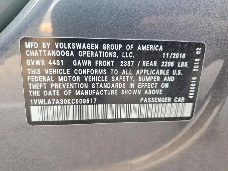 Aukcja sprzedaży 2019 Volkswagen Passat, vin: 1VWLA7A30KC009517, numer aukcji: 47252286