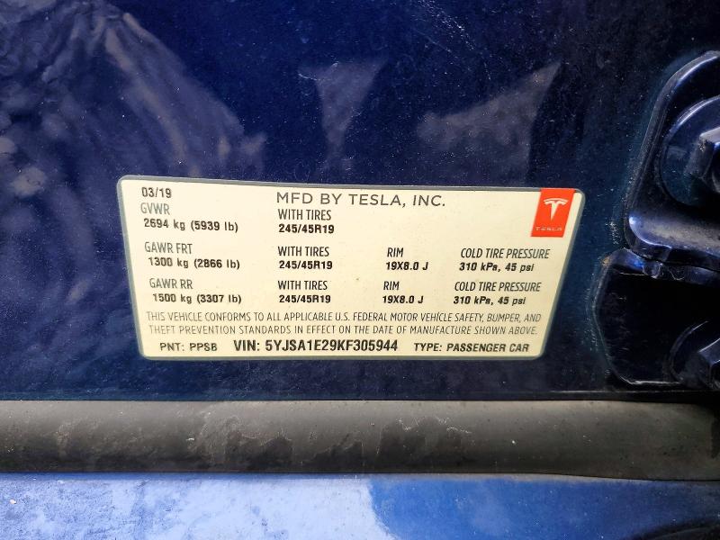 78143155 :رقم المزاد ، 5YJSA1E29KF305944 vin ، 2019 Tesla Model S مزاد بيع