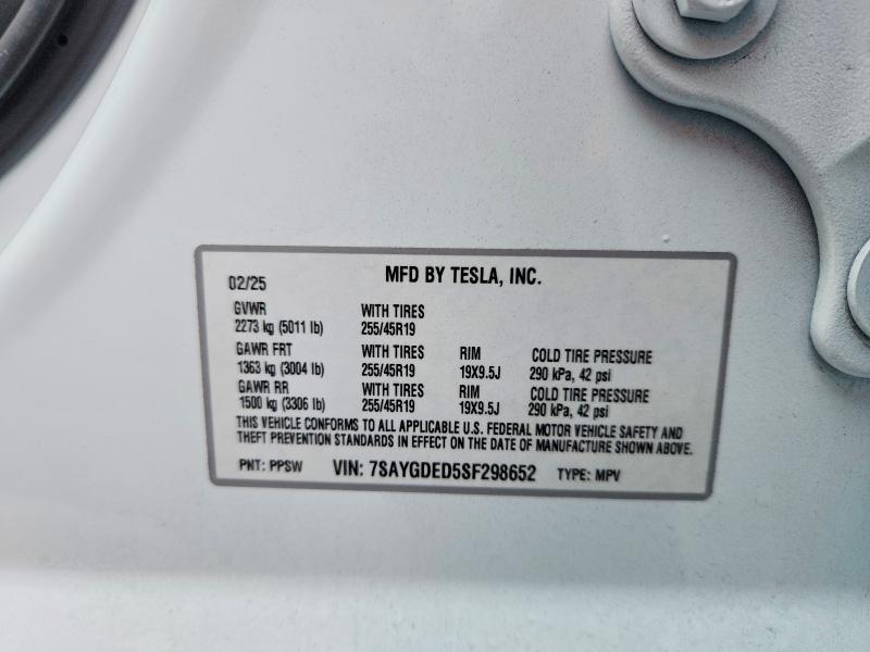 79467245 :رقم المزاد ، 7SAYGDED5SF298652 vin ، 2025 Tesla Model Y مزاد بيع