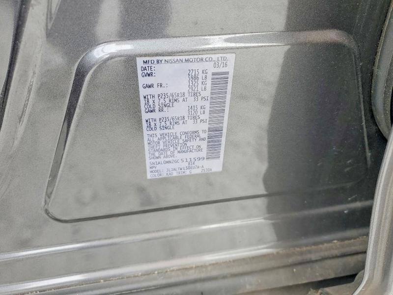 46630696 :رقم المزاد ، 5N1AL0MN2GC511599 vin ، 2016 Infiniti Qx60 مزاد بيع