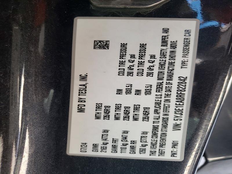 Aukcja sprzedaży 2024 Tesla Model 3, vin: 5YJ3E1EA8RF822842, numer aukcji: 42004026