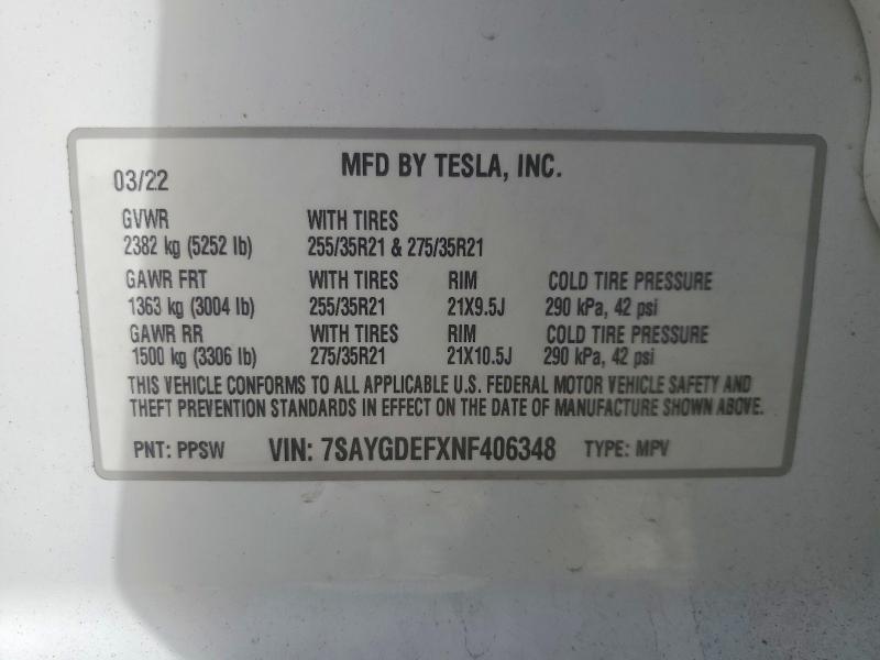 46202296 :رقم المزاد ، 7SAYGDEFXNF406348 vin ، 2022 Tesla Model Y مزاد بيع