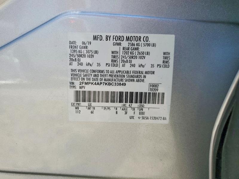 47266656 :رقم المزاد ، 2FMPK4AP7KBC33849 vin ، 2019 Ford Edge مزاد بيع