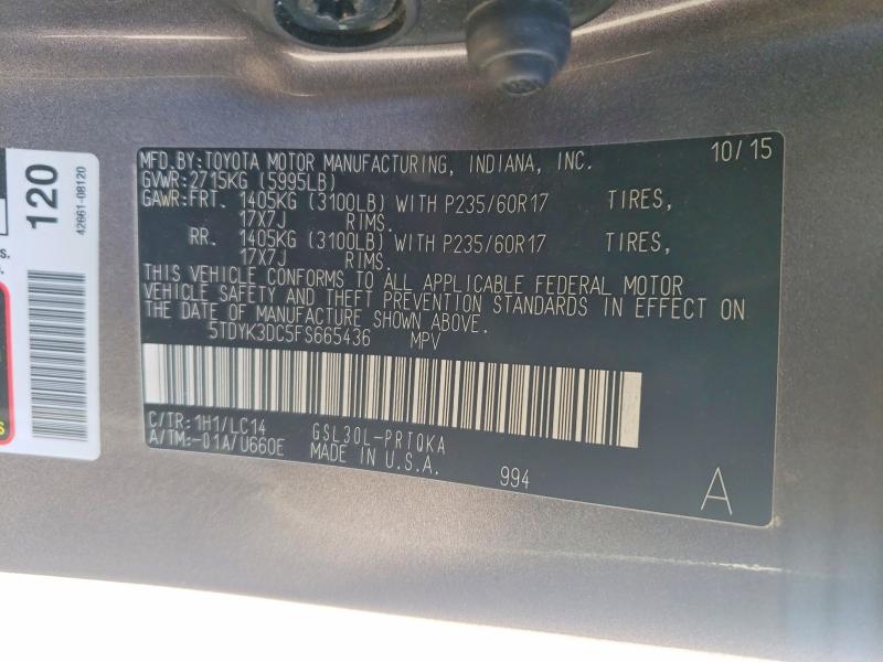 Aukcja sprzedaży 2015 Toyota Sienna, vin: 5TDYK3DC5FS665436, numer aukcji: 46664686