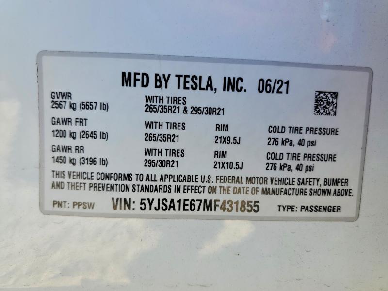 Продажа на аукционе авто 2021 Tesla Model S, vin: 5YJSA1E67MF431855, номер лота: 46752476