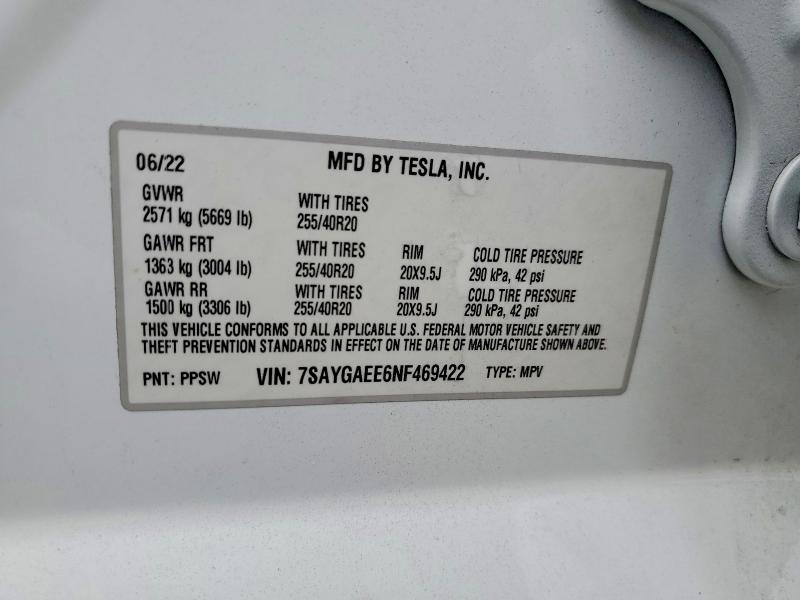 2022 Tesla Model Y მანქანა იყიდება აუქციონზე, vin: 7SAYGAEE6NF469422, აუქციონის ნომერი: 48296116