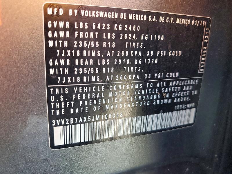 47373906 :رقم المزاد ، 3VV2B7AX5JM106368 vin ، 2018 Volkswagen Tiguan مزاد بيع