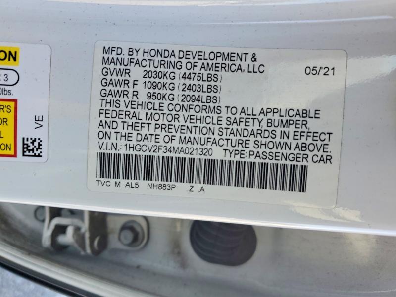 2021 Honda Accord მანქანა იყიდება აუქციონზე, vin: 1HGCV2F34MA021320, აუქციონის ნომერი: 45512396